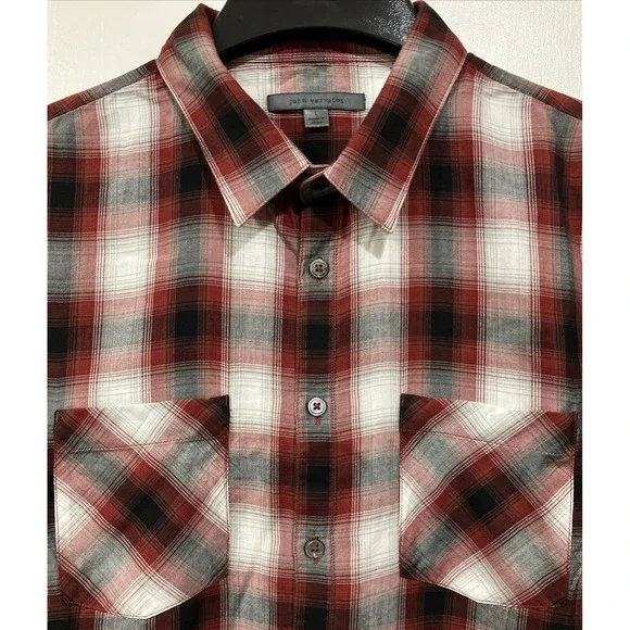 JOHN VARVATOS Shirt Mens L Plaid Button Up Double Pocket Long Sleeve Cotton Red - Picture 2 of 9